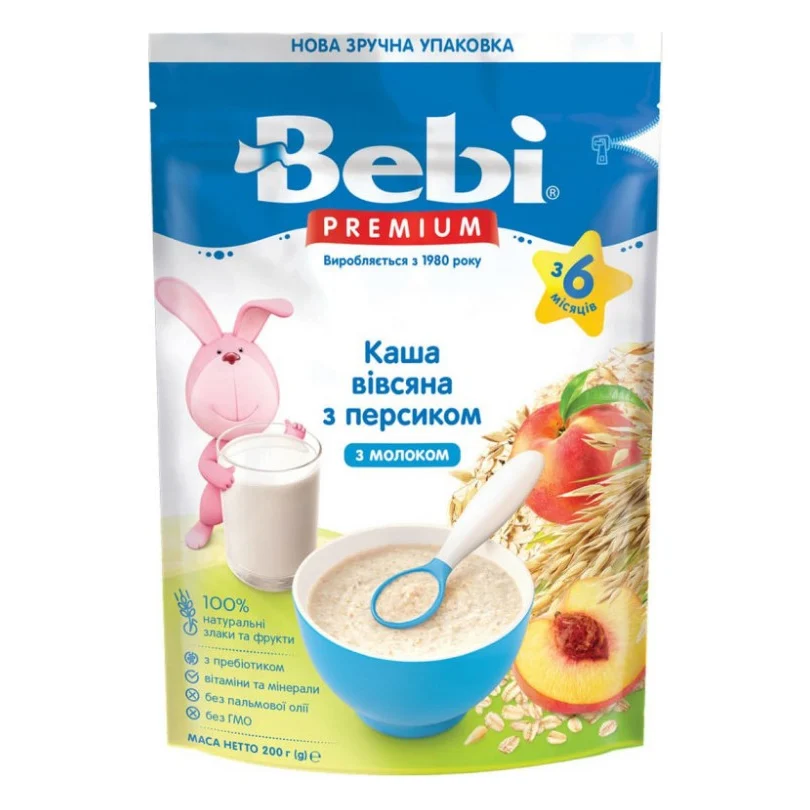 Дитяча каша Bebi Premium молочна вівсяна з персиком +6 міс. 200 г (8606019654306)