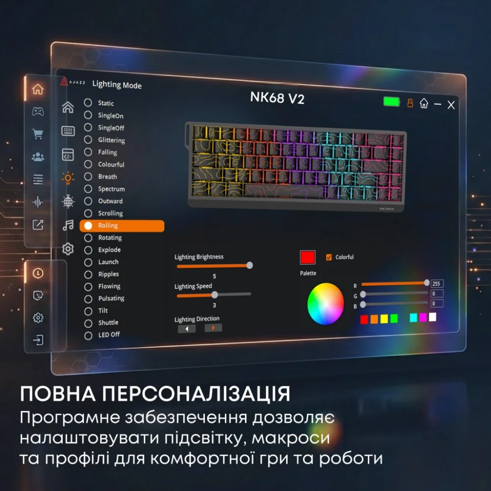 Клавіатура Ajazz NacodeX NK68 V2 Red Switch LED USB UA Black (NK68-V2-R-S-B) — фото 8