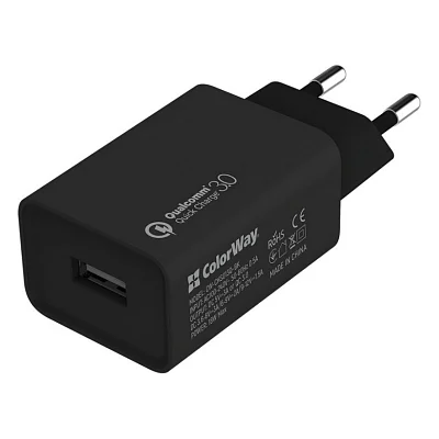 Зарядний пристрій ColorWay 1USB Quick Charge 3.0 (18W) black + cable Lightning (CW-CHS013QCL-BK)