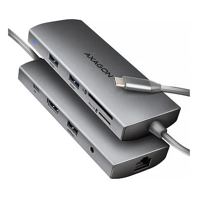 Концентратор AXAGON USBC to 3xUSB-A + HDMI + RJ45 + SD/microSD + audio + PD 100W 0.2m grey (HMC-8HLSA)