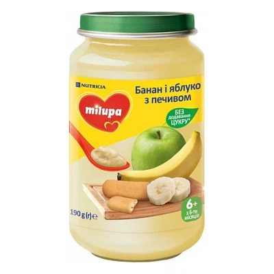 Дитяче пюре Milupa фруктового Банан, яблуко з печивом з 6 місяців 190 г (5900852051456)