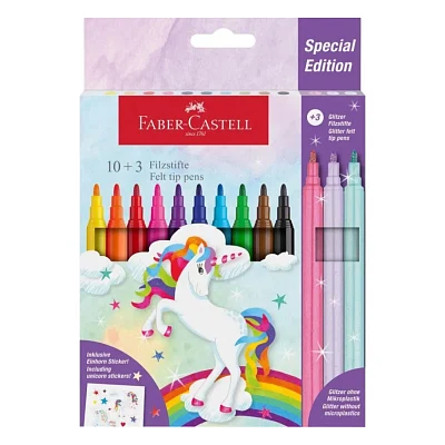 Фломастери Faber-Castell Єдиноріг 10 кольорів + 3 пастельних металика + наклейки у картонній коробці (32632)